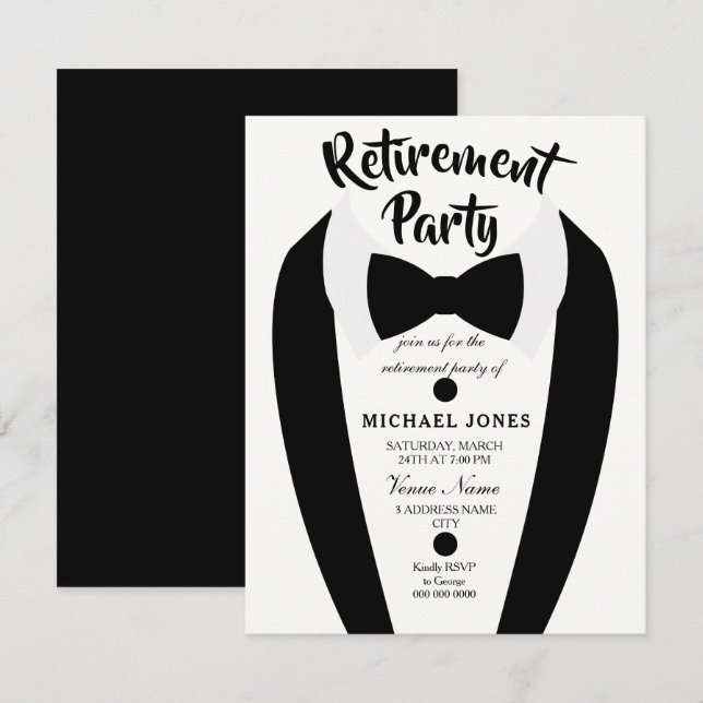 Black Tuxedo Bow Tie Retirement Party Invite (Front/Back)