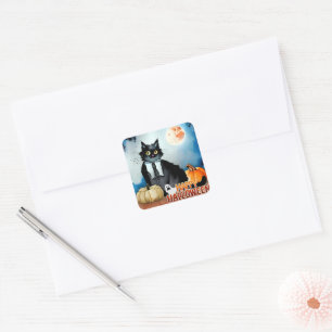 Black Tuxedo Cat and Pumpkins  Square Sticker