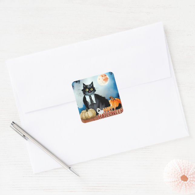 Black Tuxedo Cat and Pumpkins  Square Sticker (Envelope)