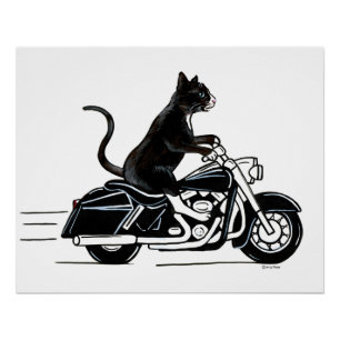 Black Tuxedo Cat Riding A Motorcycle Poster