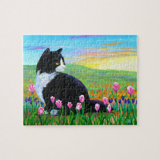 Black Tuxedo Cat Tulips Art Creationarts Jigsaw Puzzle (Horizontal)