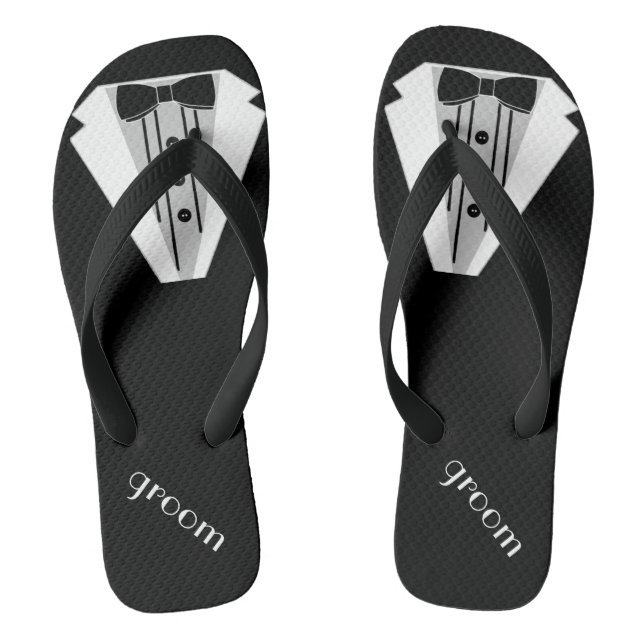 Black Tuxedo Flip Flop | Grooms Beach Wedding Tux (Footbed)