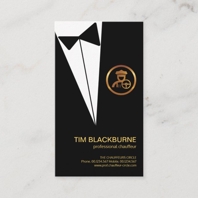 Black Tuxedo Gold Chauffeur Boutonniere Button Business Card (Front)