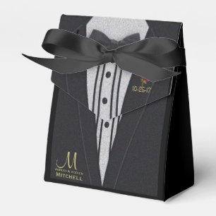 Black Tuxedo Monogram w/ Red Rose Favor Box