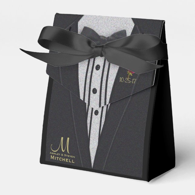 Black Tuxedo Monogram w/ Red Rose Favor Box (Front Side)