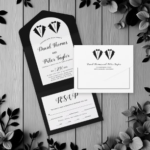 Black tuxedo Mr and Mr two grooms gay wedding All In One Invitation