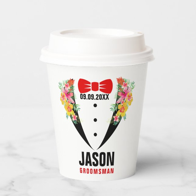 Black Tuxedo Red BowTie & Groomsman Texto Paper Cu Paper Cups (Front)