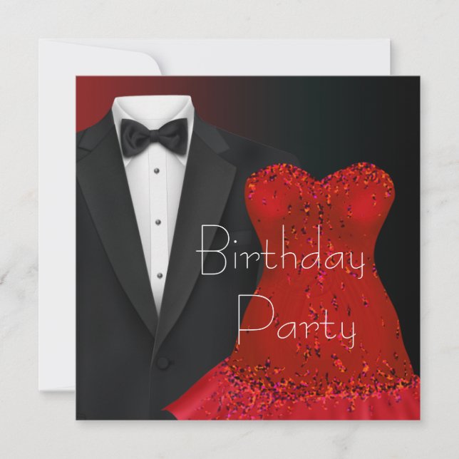 Black Tuxedo Red Dress Party Invitation Template (Front)