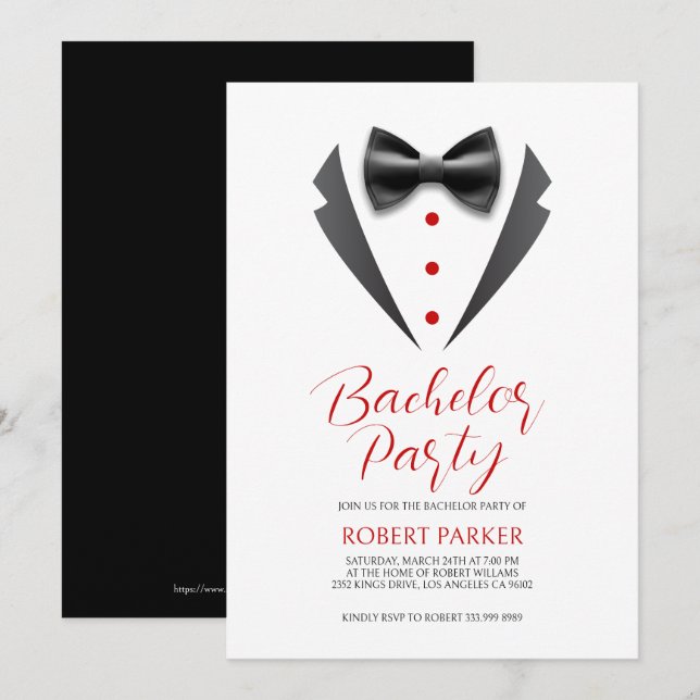 Black Tuxedo Silhouette Bachelor Party Invite  (Front/Back)