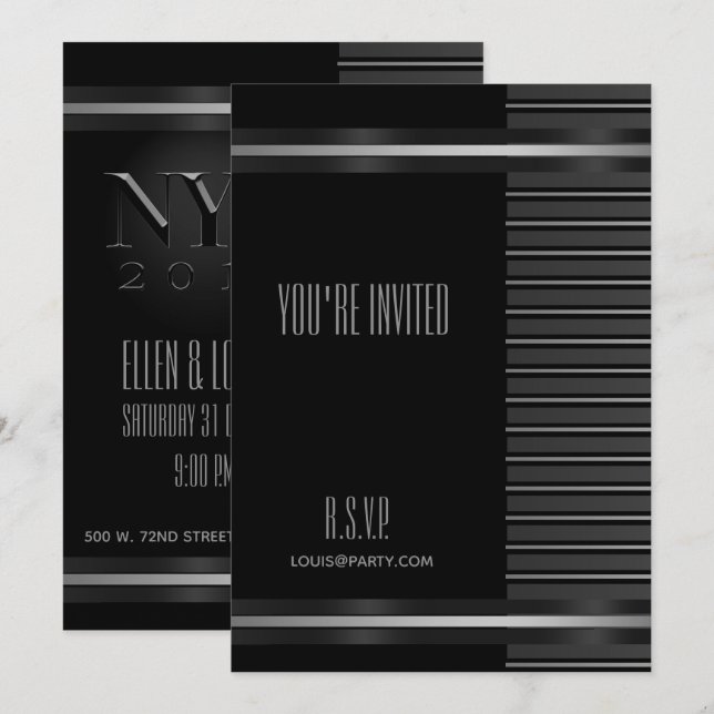 Black Tuxedo Stripe NYE Formal Elegant Invitation (Front/Back)