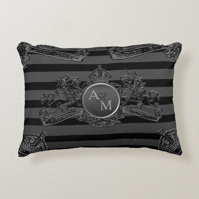Black Tuxedo Stripe Pewter Lion Emblem Ring Bearer Decorative Pillow (Front)