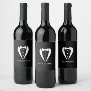 Black Tuxedo Suit and Bow Tie Groomsman Wine Label