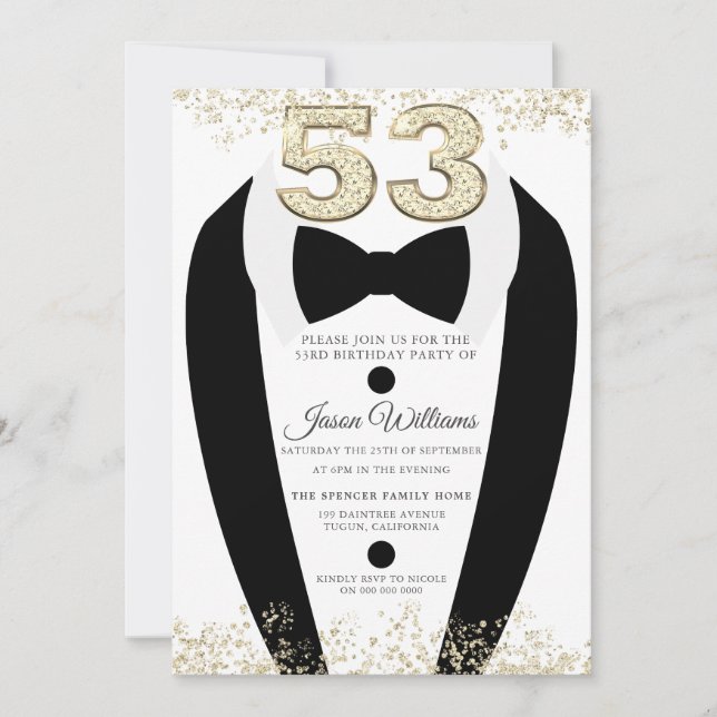Black Tuxedo Suit Gold Mens 53rd Birthday Party Invitation (Front)