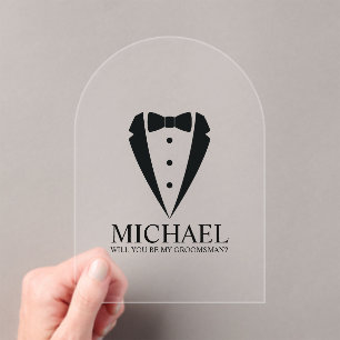 Black Tuxedo Suit Personalized Groomsman Proposal Acrylic Invitations