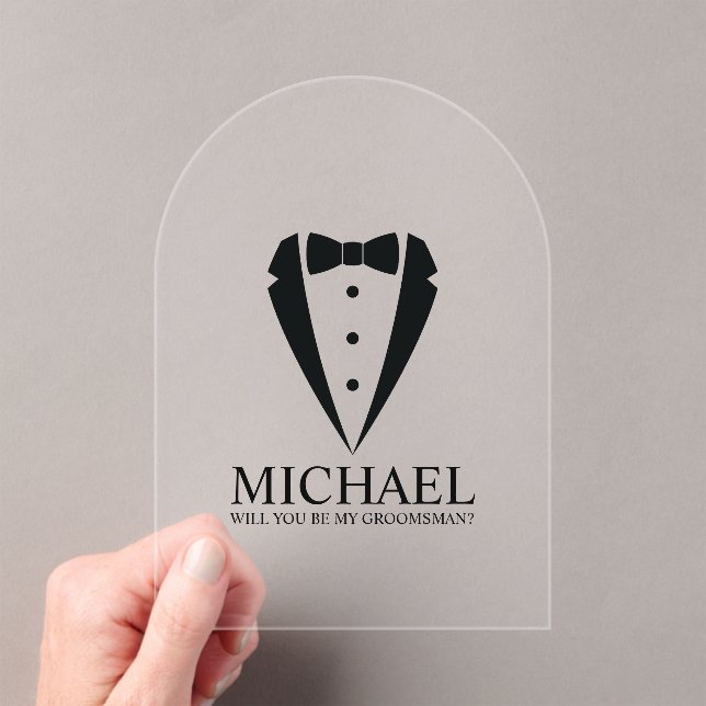 Black Tuxedo Suit Personalized Groomsman Proposal Acrylic Invitations (Insitu (Handheld))
