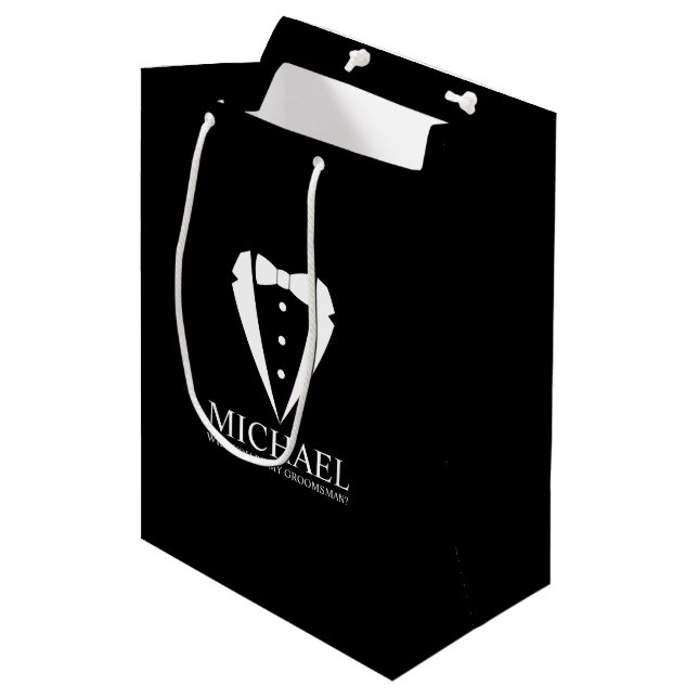 Black Tuxedo Suit Personalized Groomsman Proposal Medium Gift Bag (Front Angled)