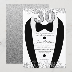 Black Tuxedo Suit Silver Mens 30th Birthday Party Invitation