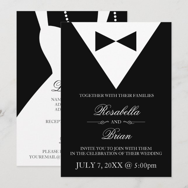 Black Tuxedo & White Dress Wedding Invitations (Front/Back)