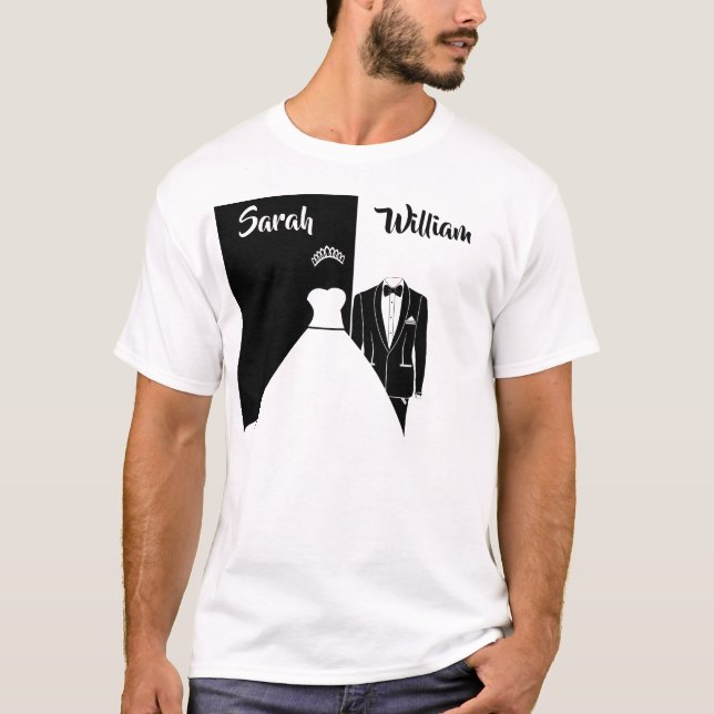 Black tuxedo white wedding dress t-shirt (Front)