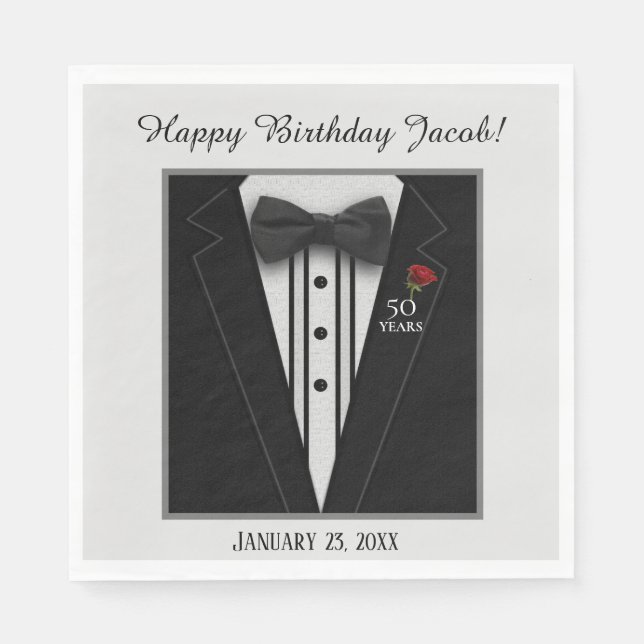 Black Tuxedo with Bow Tie Birthday Formal Napkin (Front)