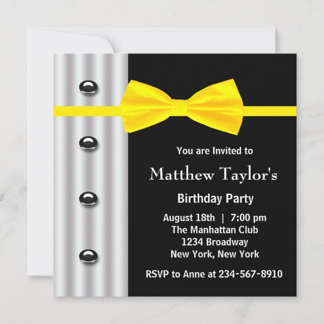 Black Tuxedo Yellow Bow Tie Mens Birthday Party Invitation (Front)