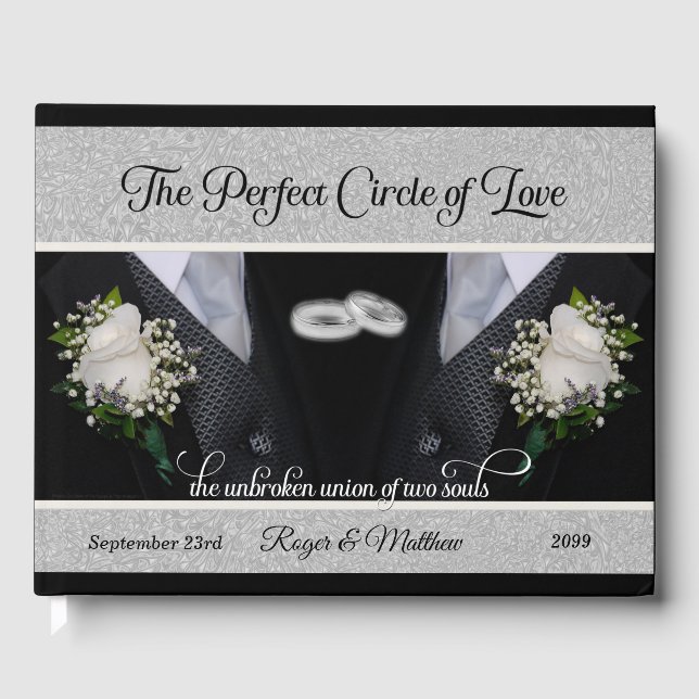 Black Tuxes and Rings Gay Wedding Two Grooms Guest Book (Front)