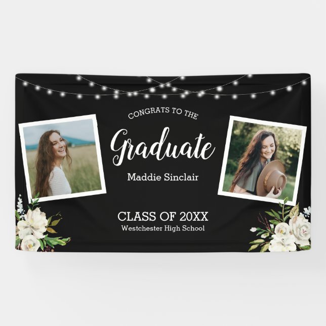 Black Two Photo Floral String Lights Graduation Ba Banner (Horizontal)