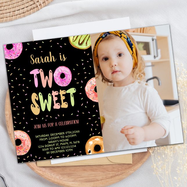 Black Two Sweet Pastel Photo Doughnut Birthday Invitation (Black Two Sweet Pastel Photo Donut Birthday Invitation)