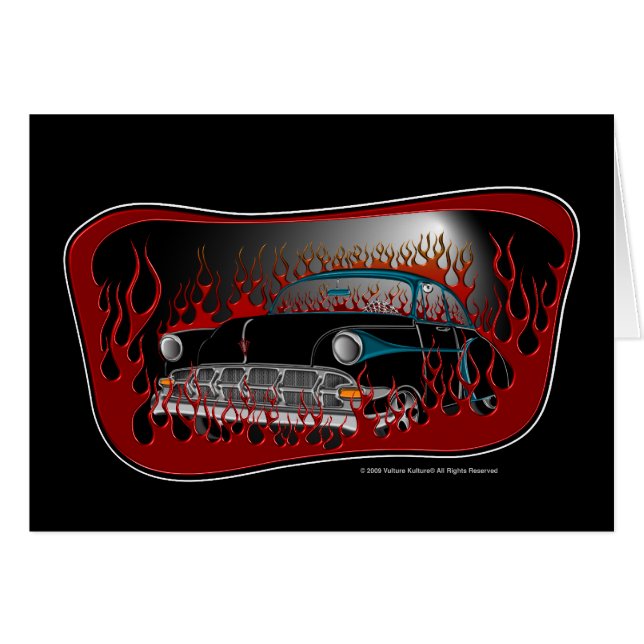 Black Two Tone 54 Chevy Hot Rod in Flames Card (Front Horizontal)