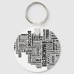 Black type map of Greater Manchester Keychain