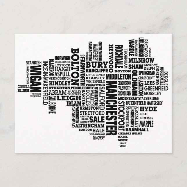 Black type map of Greater Manchester Postcard (Front)
