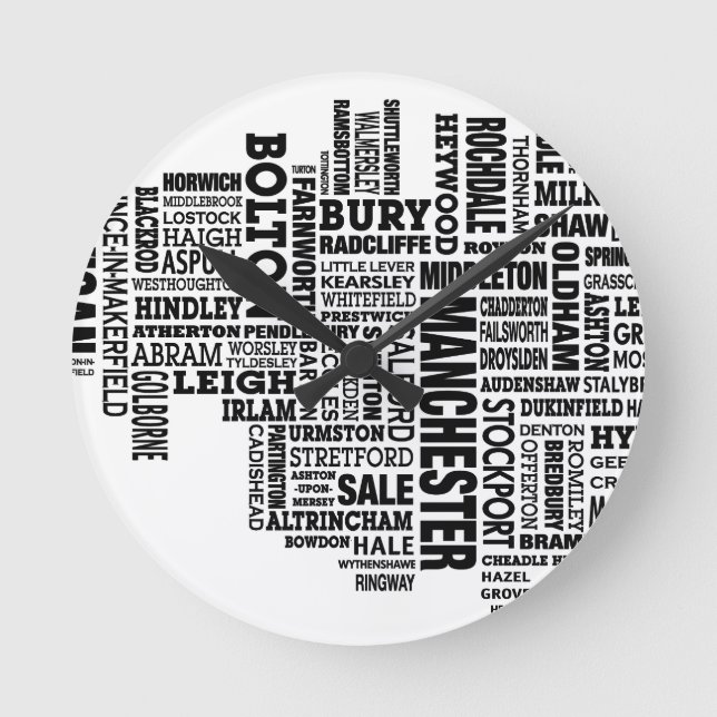 Black type map of Greater Manchester Round Clock (Front)