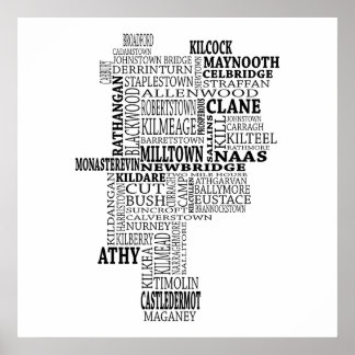 Black Typographical Map of Co. Kildare, Ireland Poster