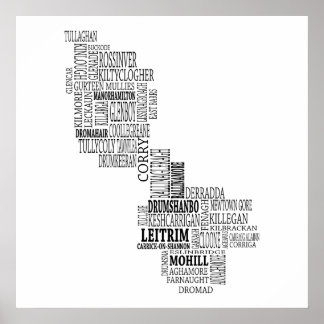 Black Typographical Map of Co. Leitrim, Ireland Poster
