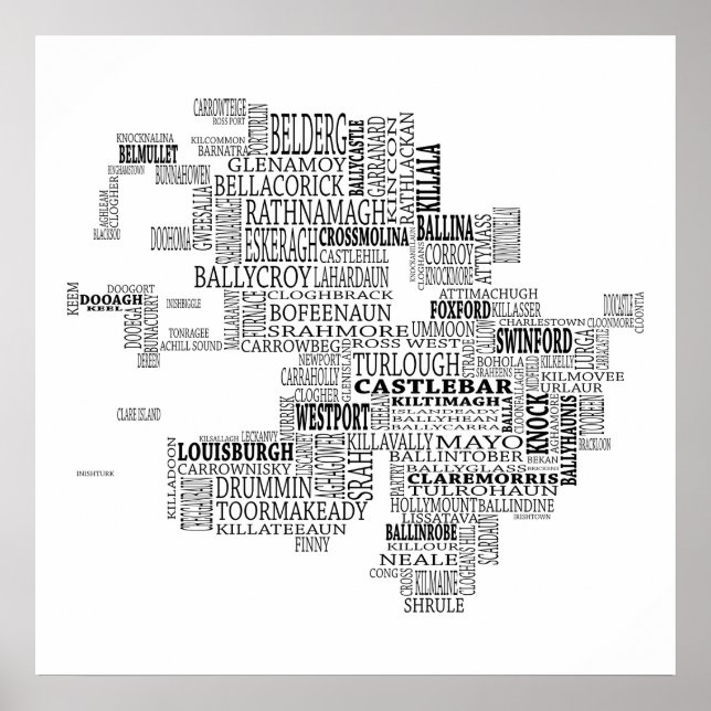 Black Typographical Map of Co. Mayo, Ireland Poster (Front)