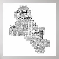Black Typographical Map of Co. Monaghan, Ireland