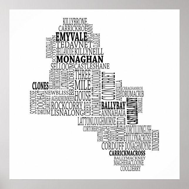 Black Typographical Map of Co. Monaghan, Ireland Poster (Front)