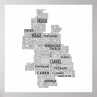 Black Typographical Map of Co. Tipperary, Ireland Poster