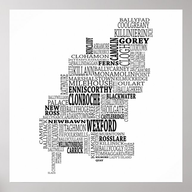 Black Typographical Map of Co. Wexford, Ireland Poster (Front)