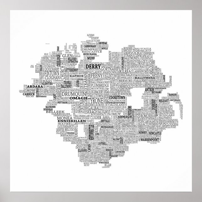 Black Typographical Map of Ulster, Ireland Poster (Front)