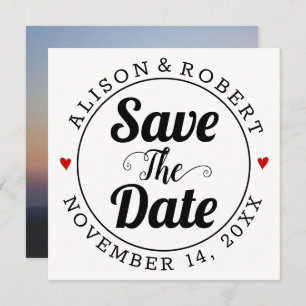 Black typography and red hearts photo on the back save the date