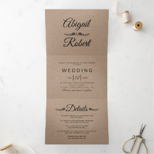 Black typography kraft paper rustic wedding Tri-Fold invitation