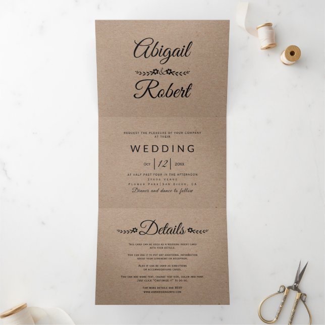 Black typography kraft paper rustic wedding Tri-Fold invitation (Inside)