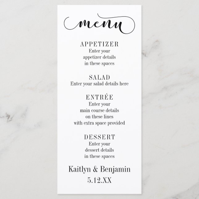 Black Typography on White Wedding Menu (Front)