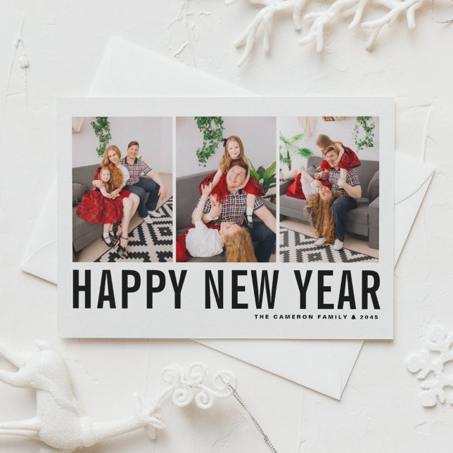 Black Typography Photo Collage Happy New Year Holiday Postcard (Send new year cheer with this customizable black three-photo-collage Happy New Year Postcard. )