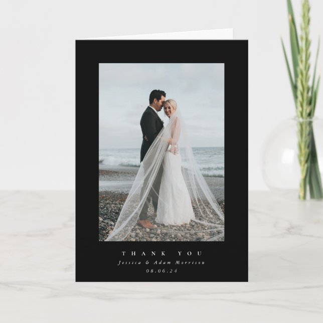 Black Ultra Minimal Single Photo Wedding Thank You Card (Front)