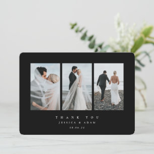 Black Ultra Minimal Triple Photo Wedding Flat Thank You Card