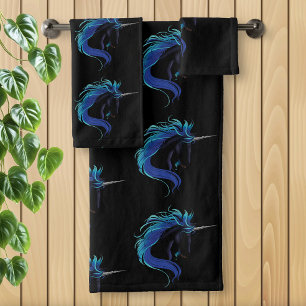 Black Unicorn Blue Silver Bath Towel Set
