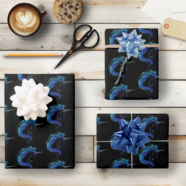 Black Unicorn Blue Silver Wrapping Paper Sheet (Creator Uploaded)
