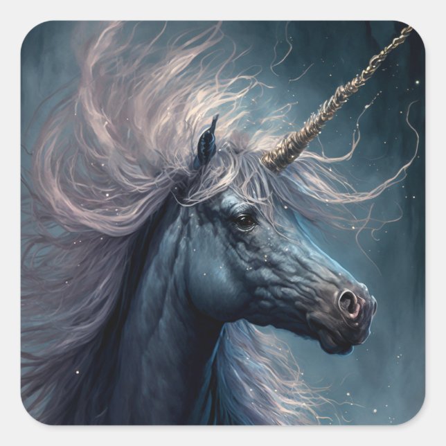 Black Unicorn Fantasy Art Square Sticker (Front)